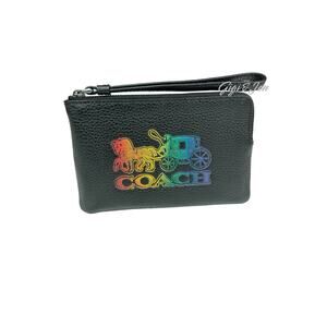 Coach Corner Zip Horse & Carriage Wristlet Black Multi New